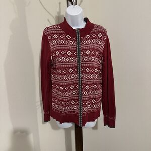 Christopher & Banks Red Full-Zip Fair Isle 100% Cotton Cardigan Sweater Size M